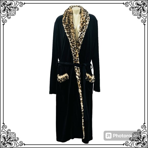 DONNA SLAYERS FABULOUS FAUX FURS Animal Print Shawl Collar Velour Long Robe  S/M - Picture 1 of 9